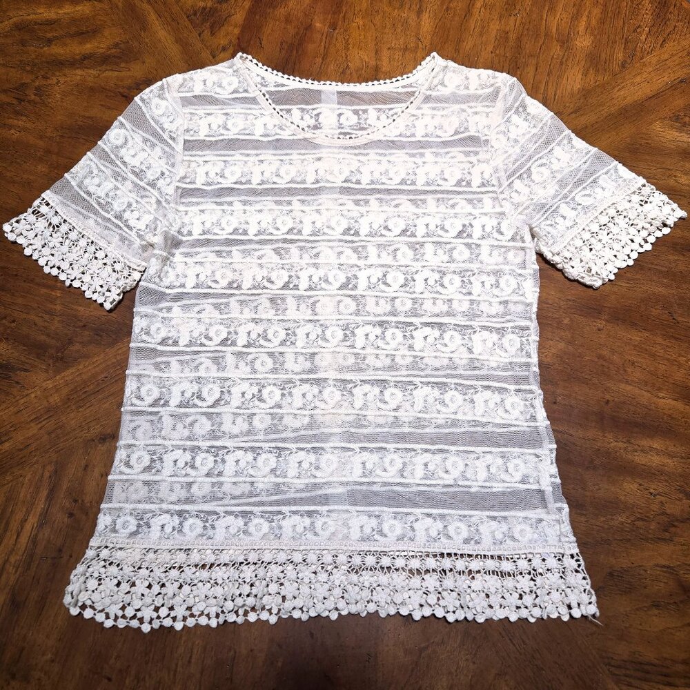 Boho Sheer Lace Shirt, Cream, Size Medium